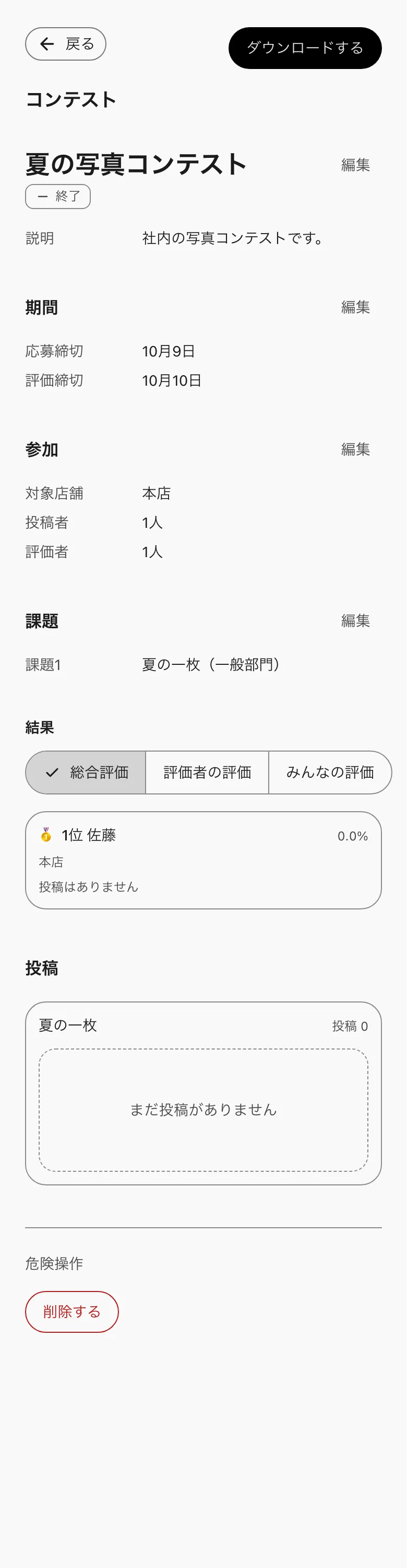 終了したコンテスト。結果の順位と、ダウンロードする