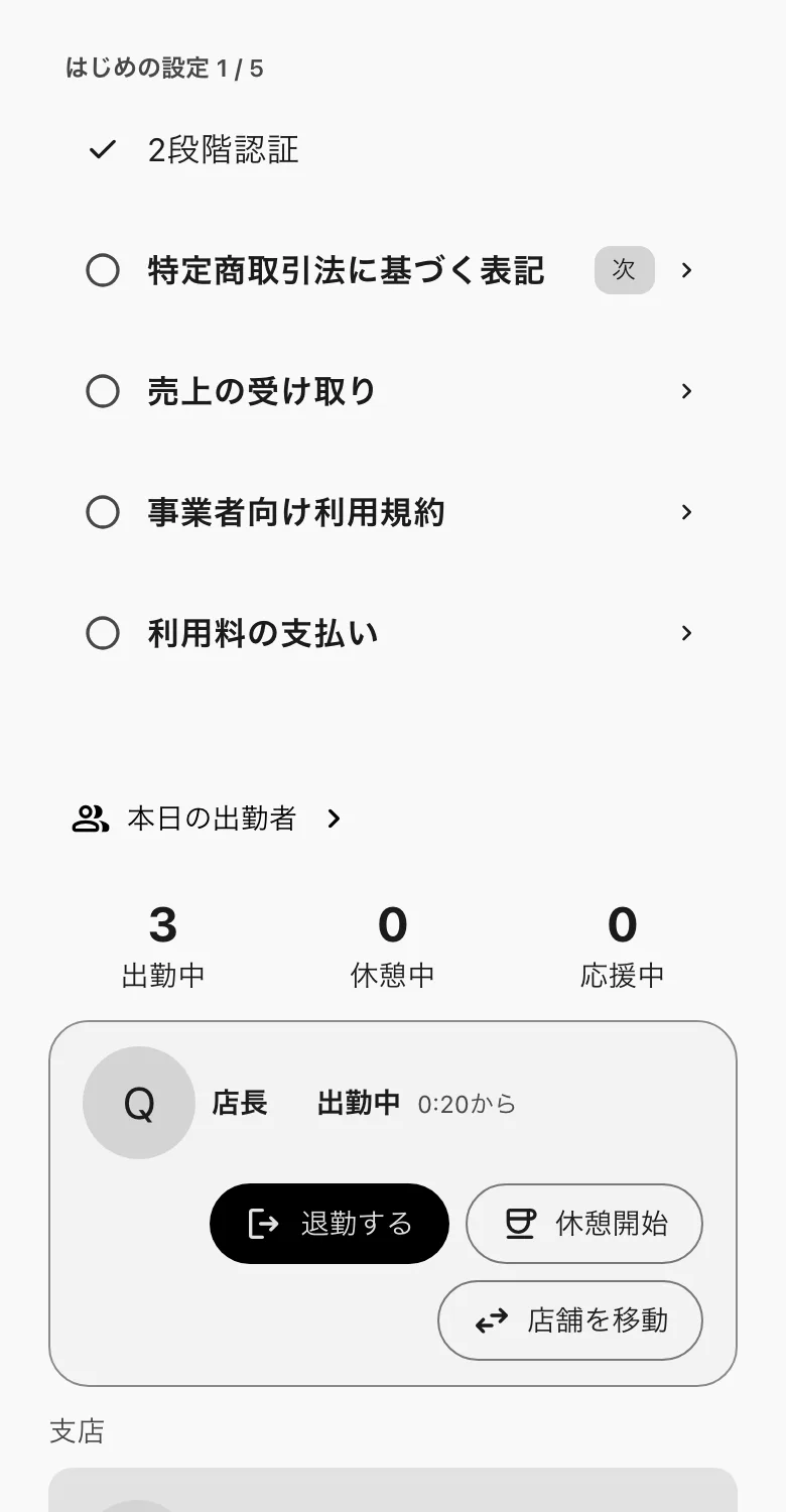 ホーム。はじめの設定と本日の出勤者