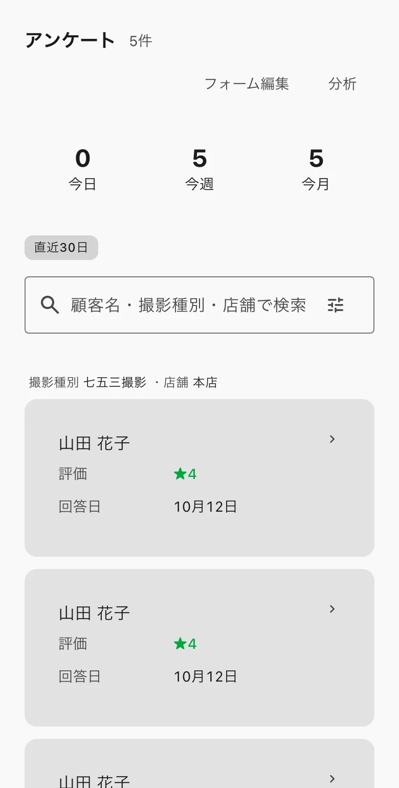 アンケートの回答一覧。上に今日・今週・今月の回答数