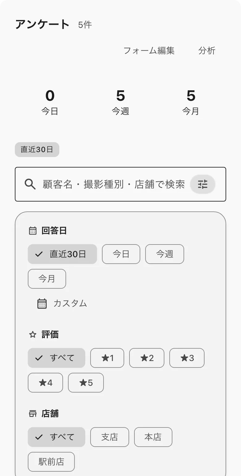 アンケートの絞り込み。回答日・評価・店舗