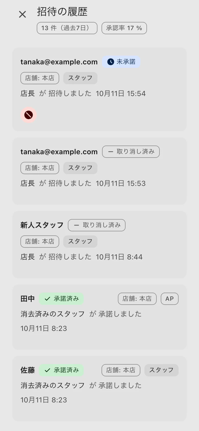 招待の履歴。過去 7 日の件数と承認率、招待ごとの状態